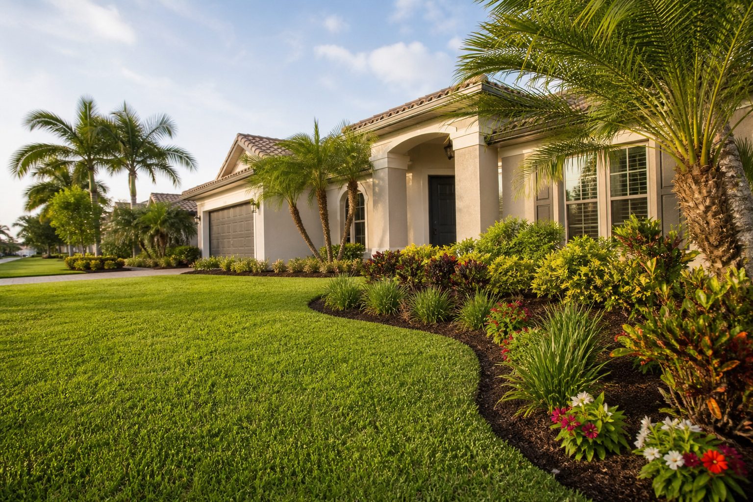 Landscaped beds and manicured lawn