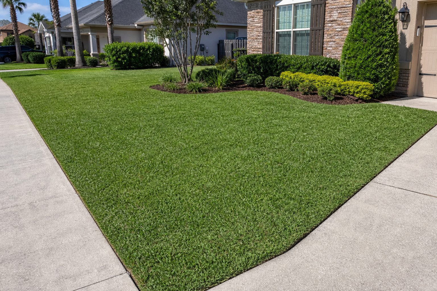 Freshly edged residential lawn with mulched beds