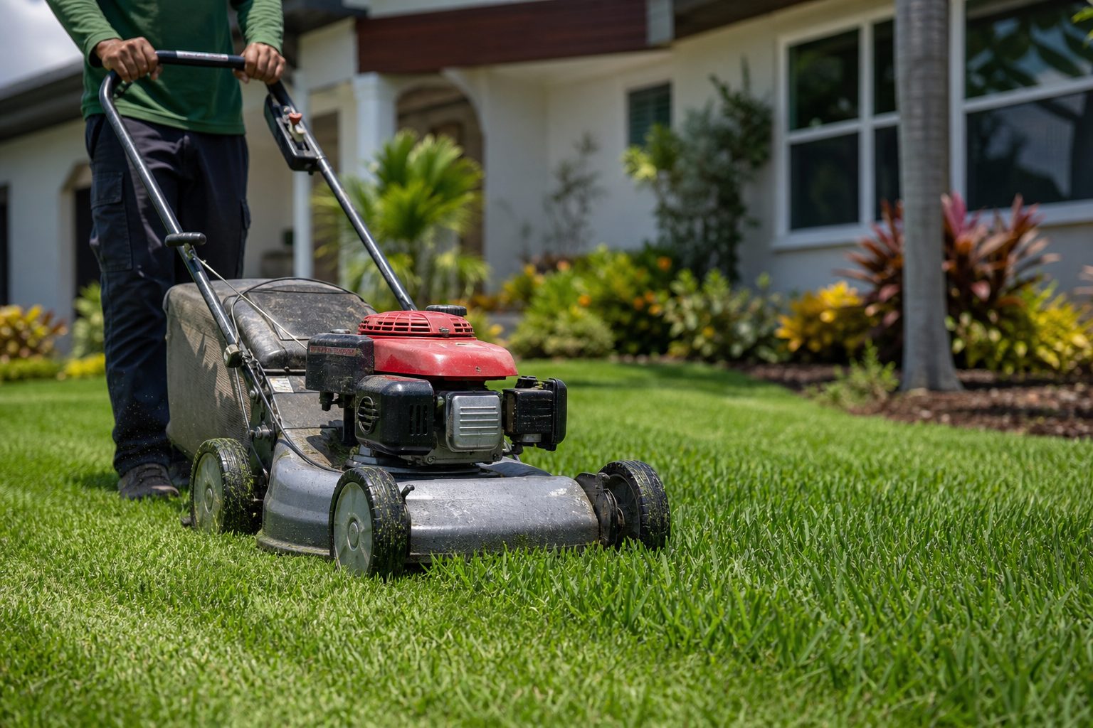 Professional lawn mowing on a green residential yard