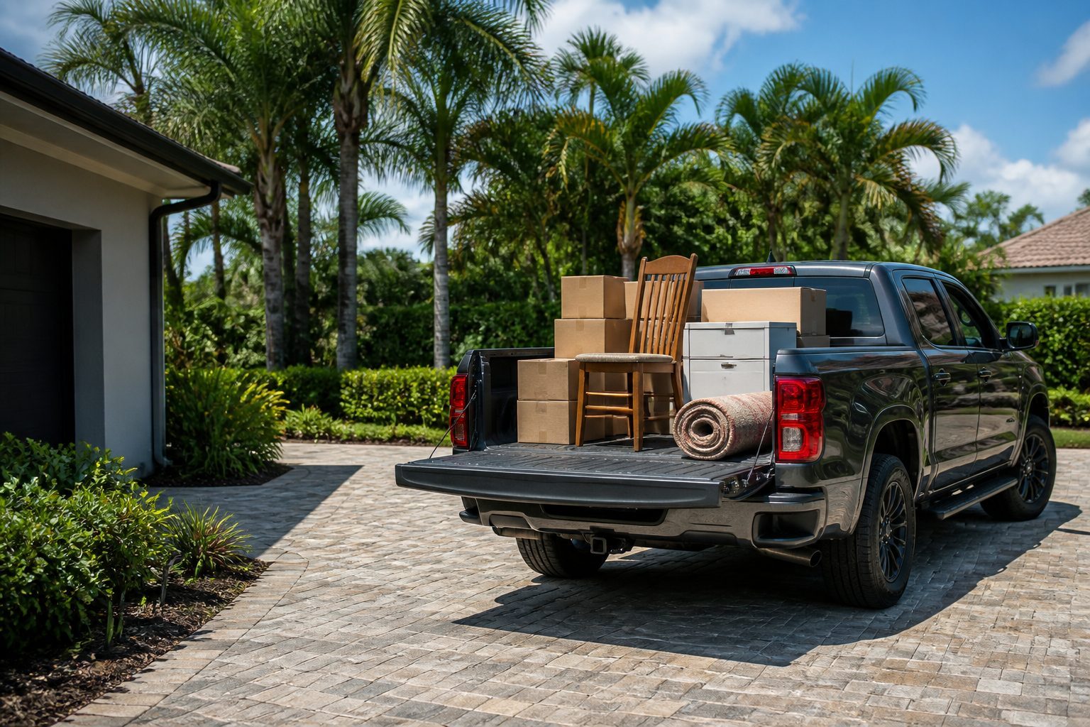 Pickup loaded with boxes, a chair and a cabinet on a Bradenton driveway